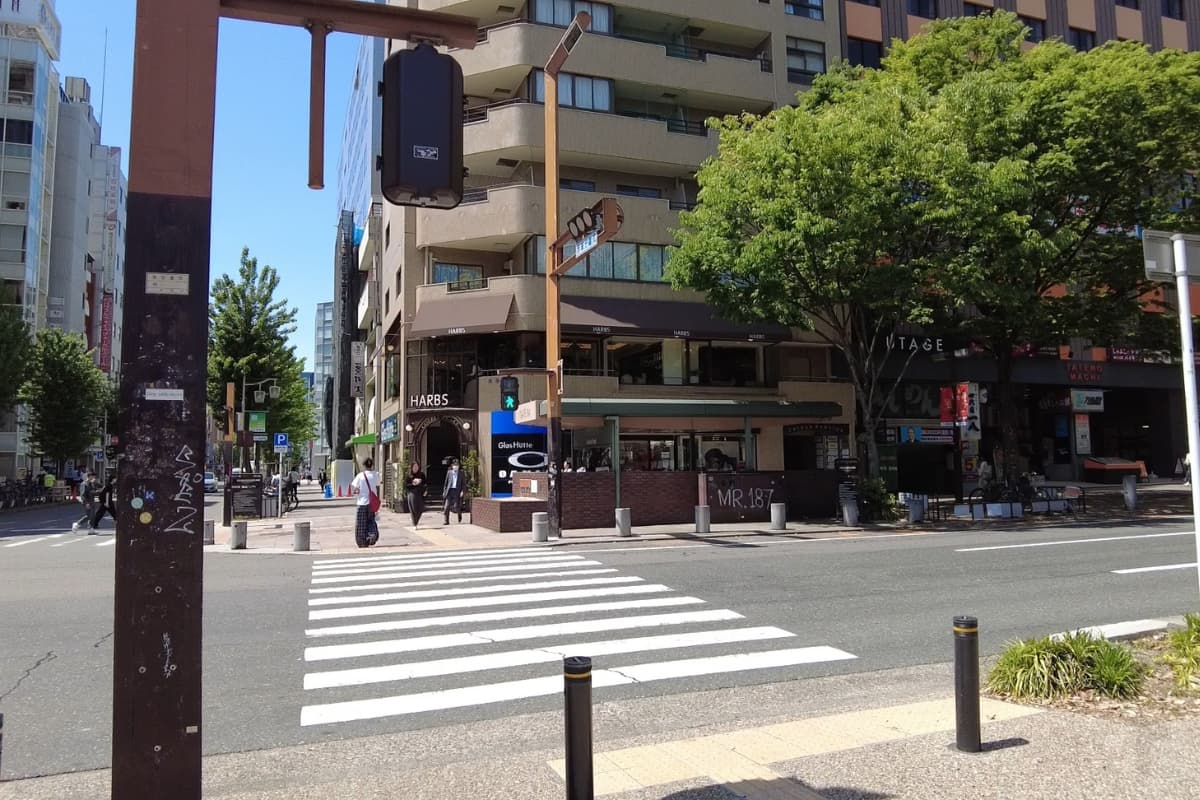 横断歩道を渡った先の通りにあります。