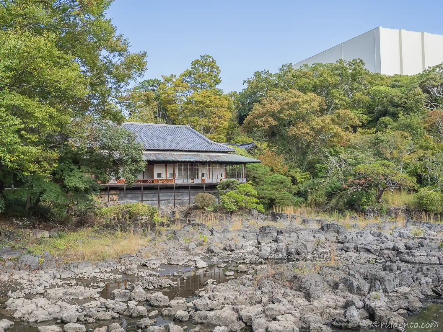 小浜池越しに見る楽寿館